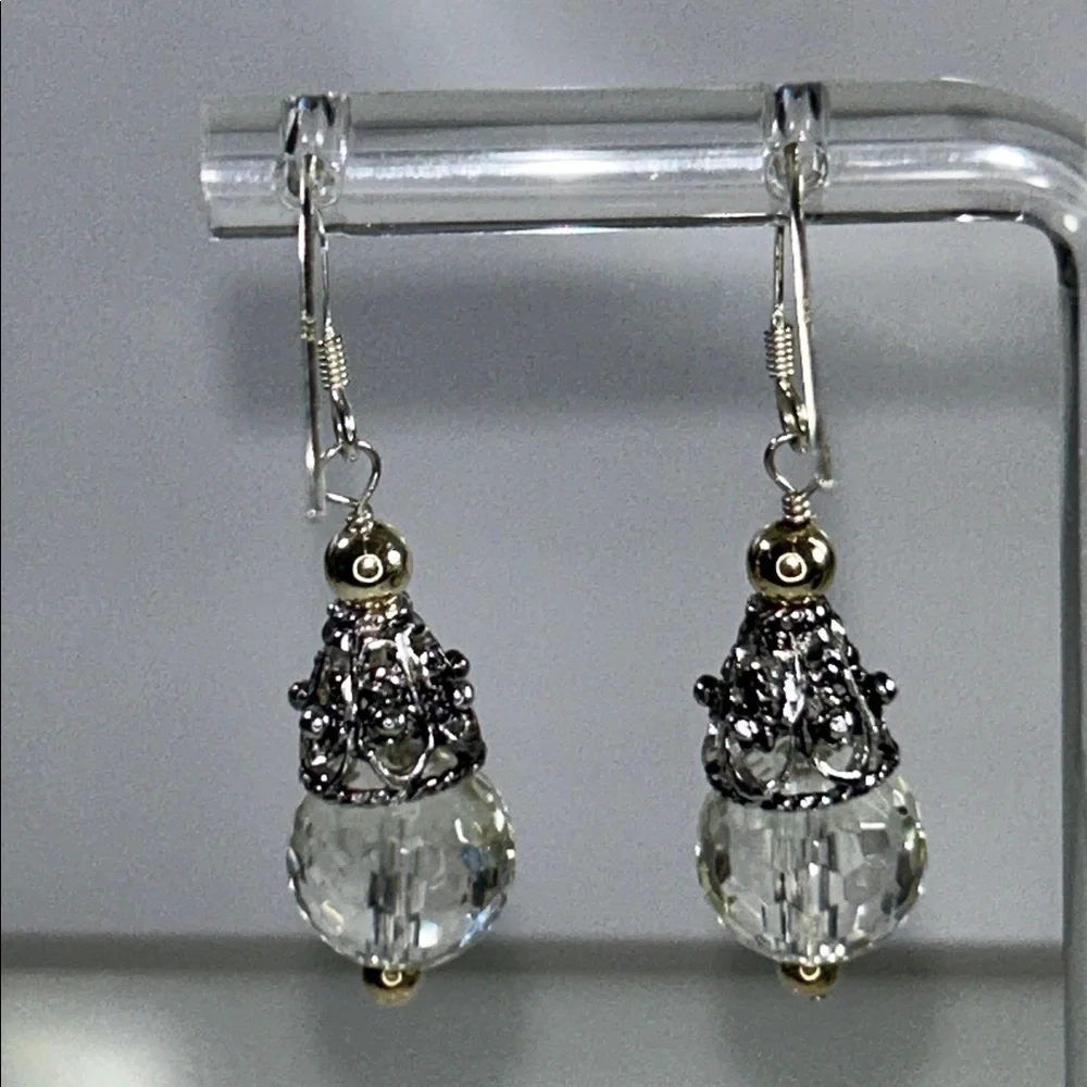 NWOT Sterling Silver Gold Accents Crystal Quartz Designer Dangle Earrings
